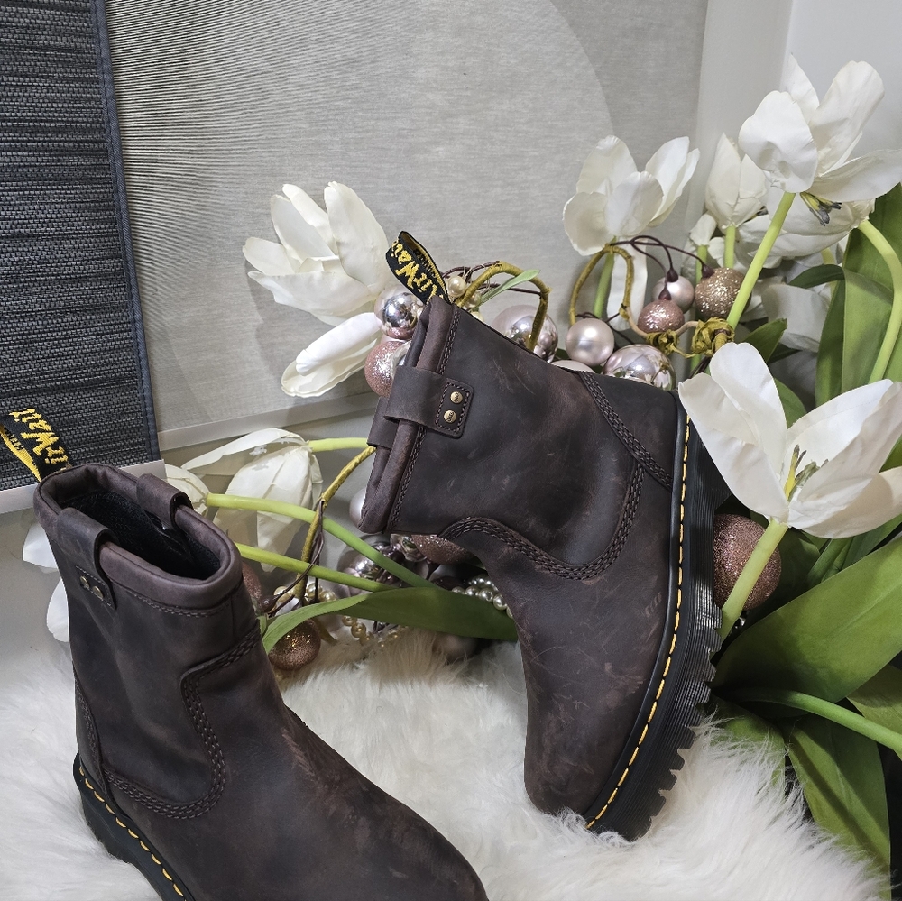 Dr Martens Anistone Lo Leather Biker Boots  Dark Brown Burnished Waxy New